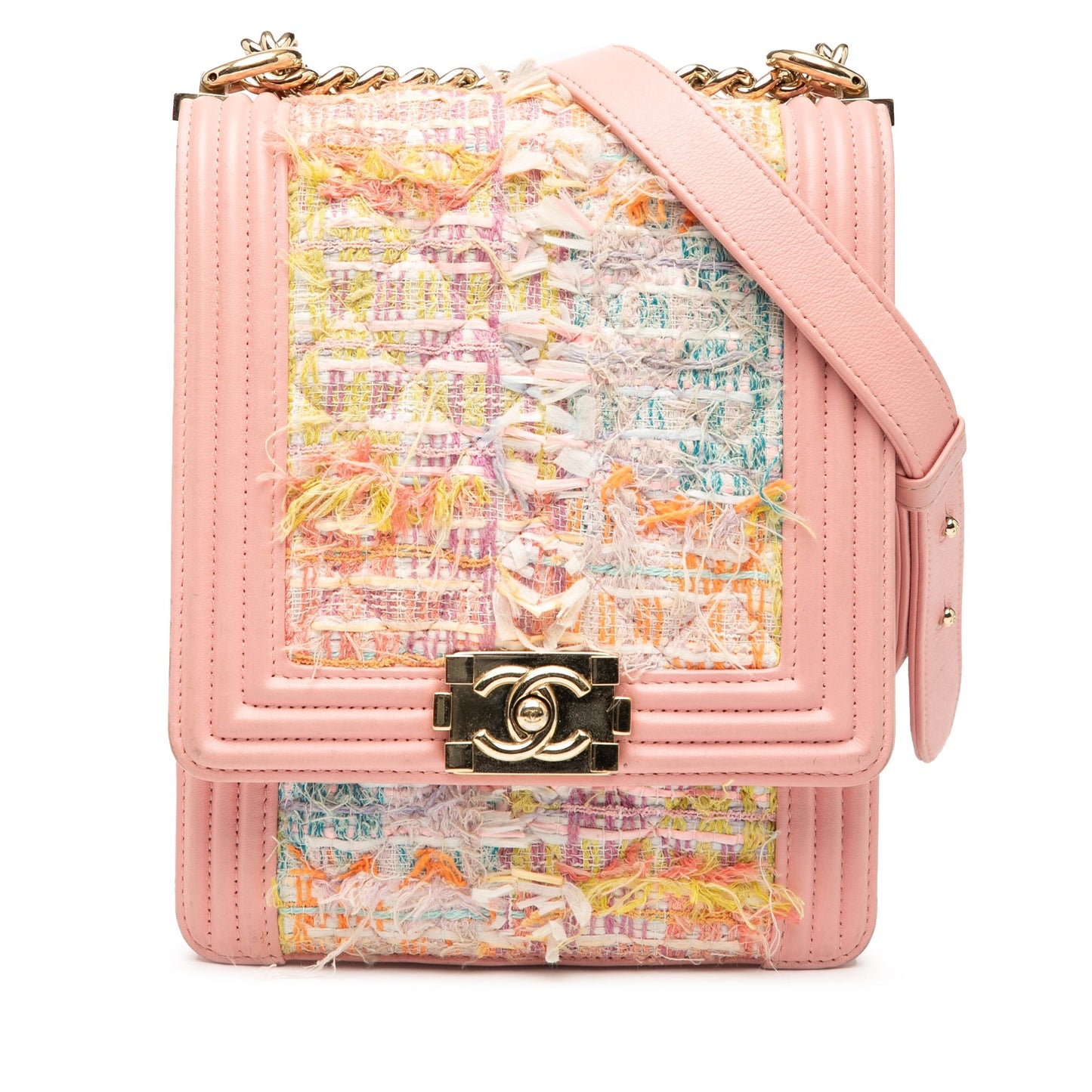 Pink Chanel Quilted Tweed and Calfskin North South Boy Flap Crossbody Bag