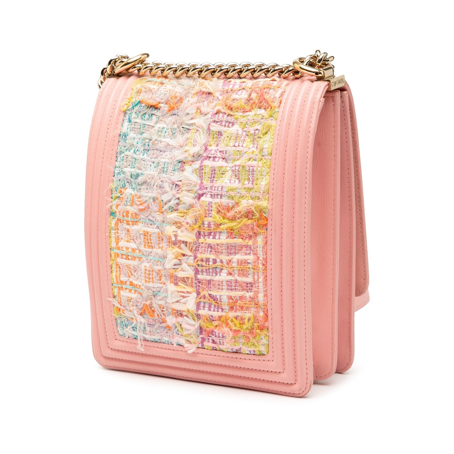 Pink Chanel Quilted Tweed and Calfskin North South Boy Flap Crossbody Bag