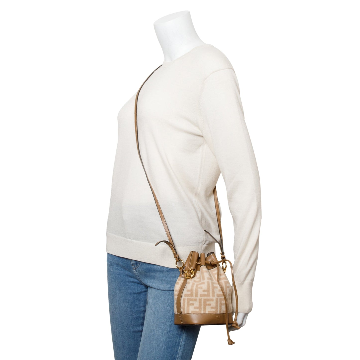 Fendi 2021 Neutral FF Wool Tan Calfskin Leather Mini Mon Tresor Bucket Bag