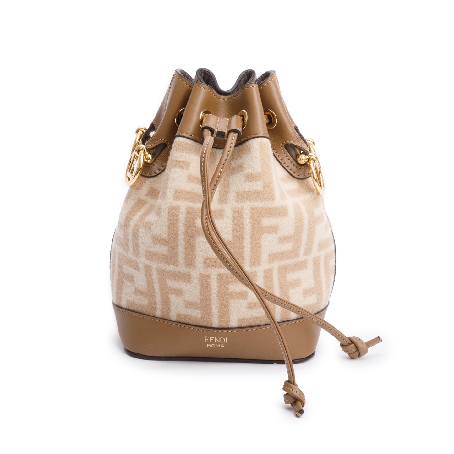 Fendi 2021 Neutral FF Wool Tan Calfskin Leather Mini Mon Tresor Bucket Bag