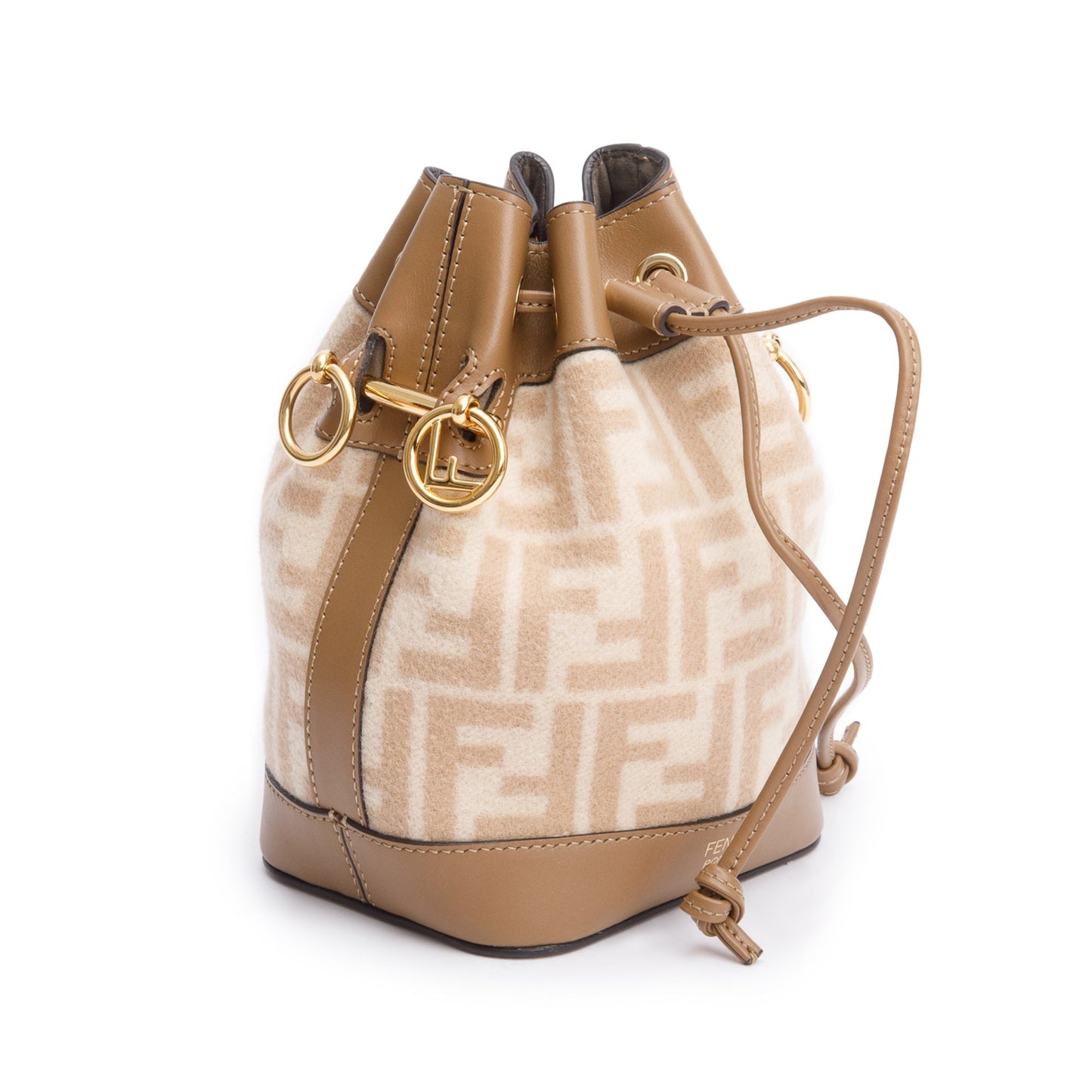 Fendi 2021 Neutral FF Wool Tan Calfskin Leather Mini Mon Tresor Bucket Bag