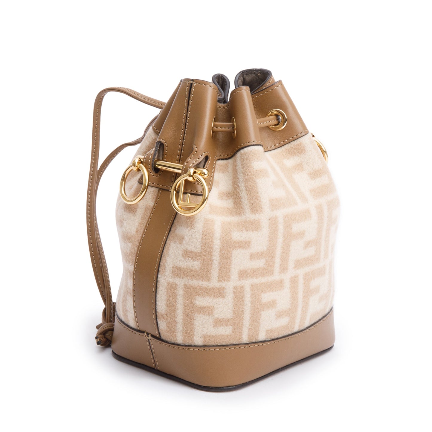 Fendi 2021 Neutral FF Wool Tan Calfskin Leather Mini Mon Tresor Bucket Bag