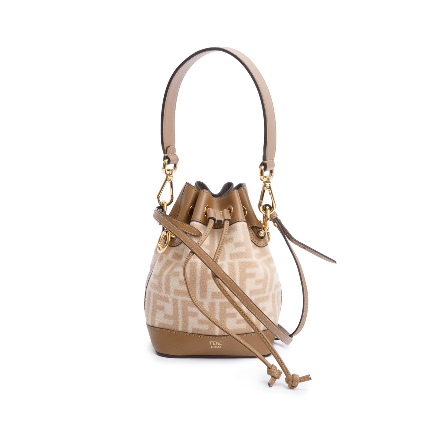 Fendi 2021 Neutral FF Wool Tan Calfskin Leather Mini Mon Tresor Bucket Bag