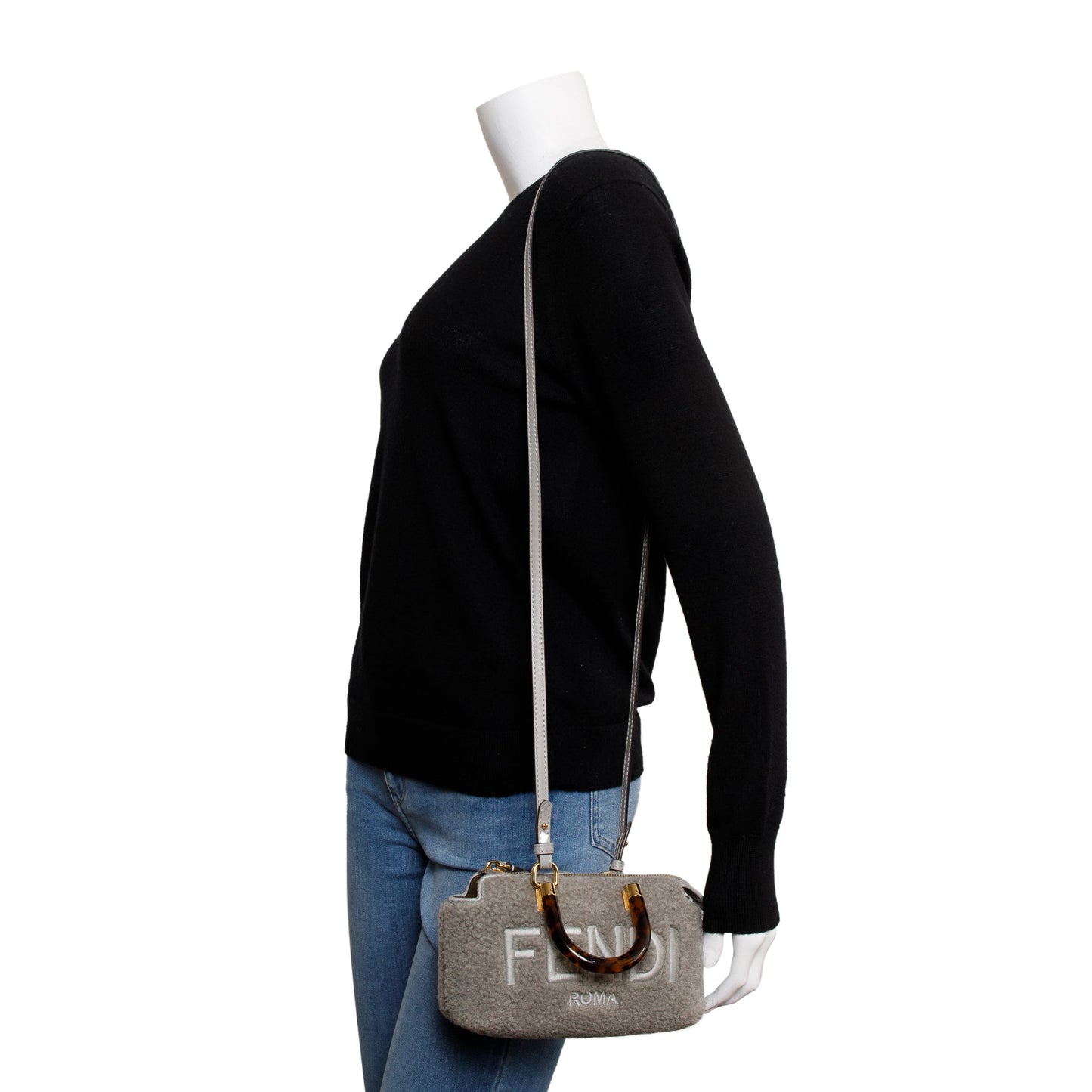Fendi 2022 Grey Sheepskin Logo  Embroidered By the Way Mini Boston Bag