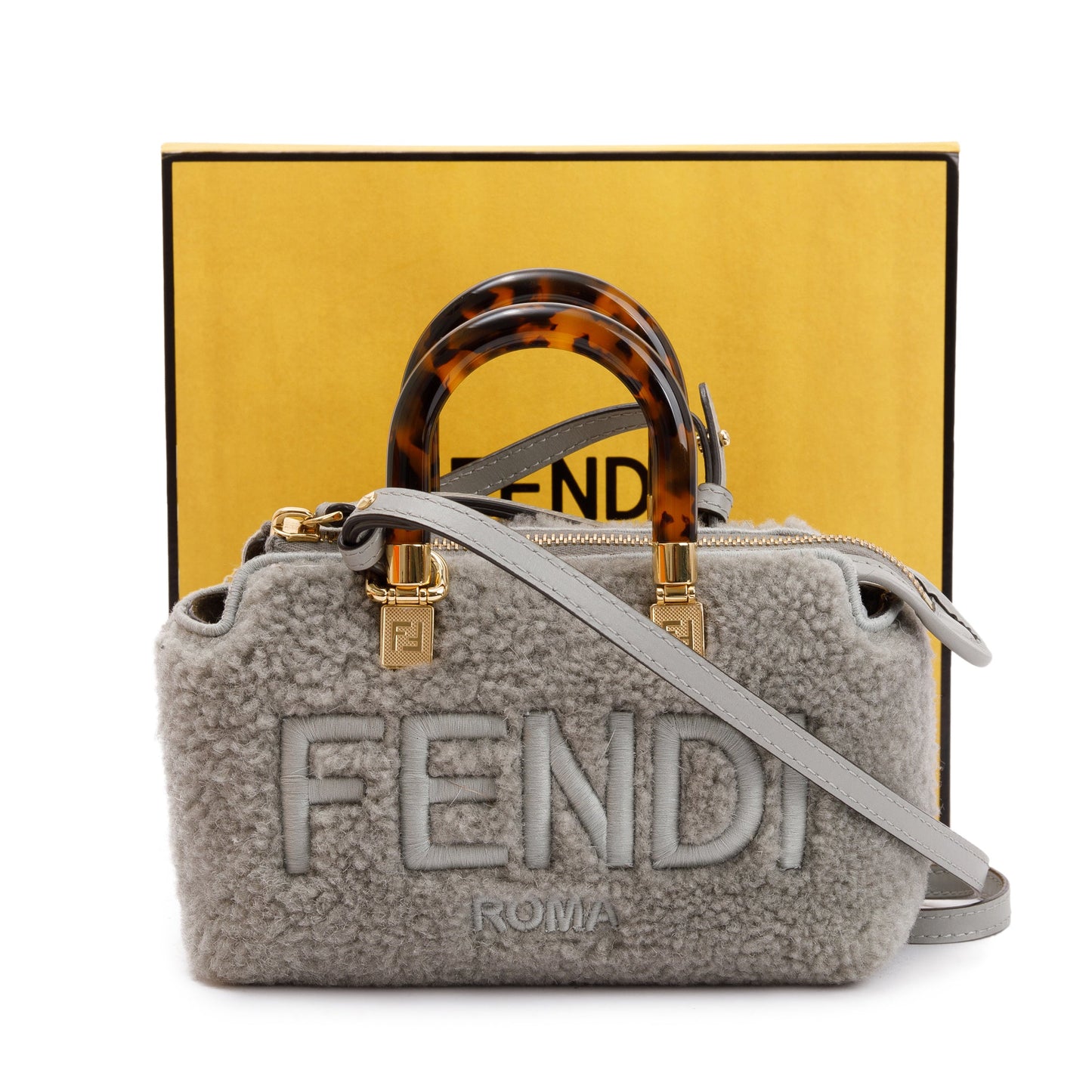 Fendi 2022 Grey Sheepskin Logo  Embroidered By the Way Mini Boston Bag