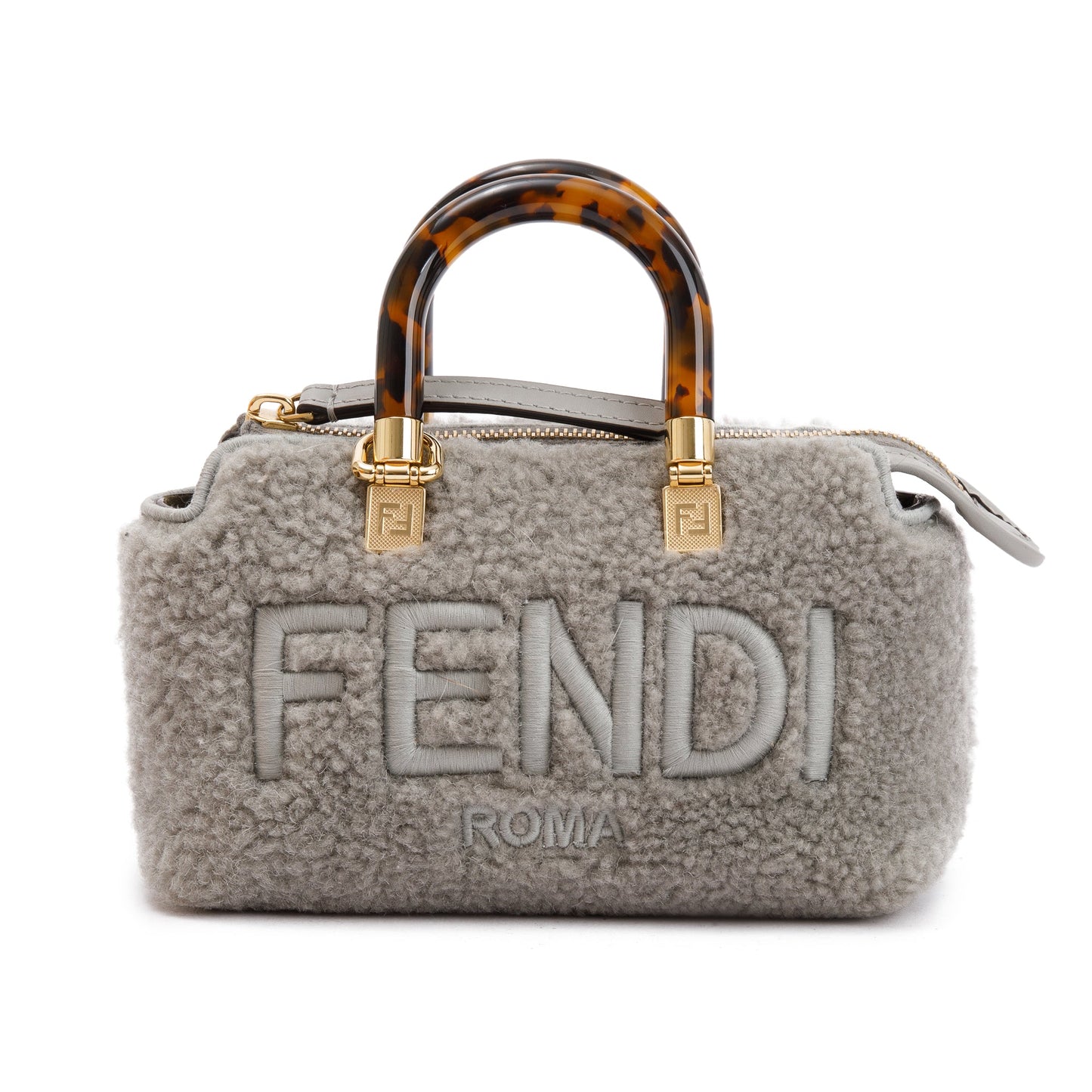 Fendi 2022 Grey Sheepskin Logo  Embroidered By the Way Mini Boston Bag