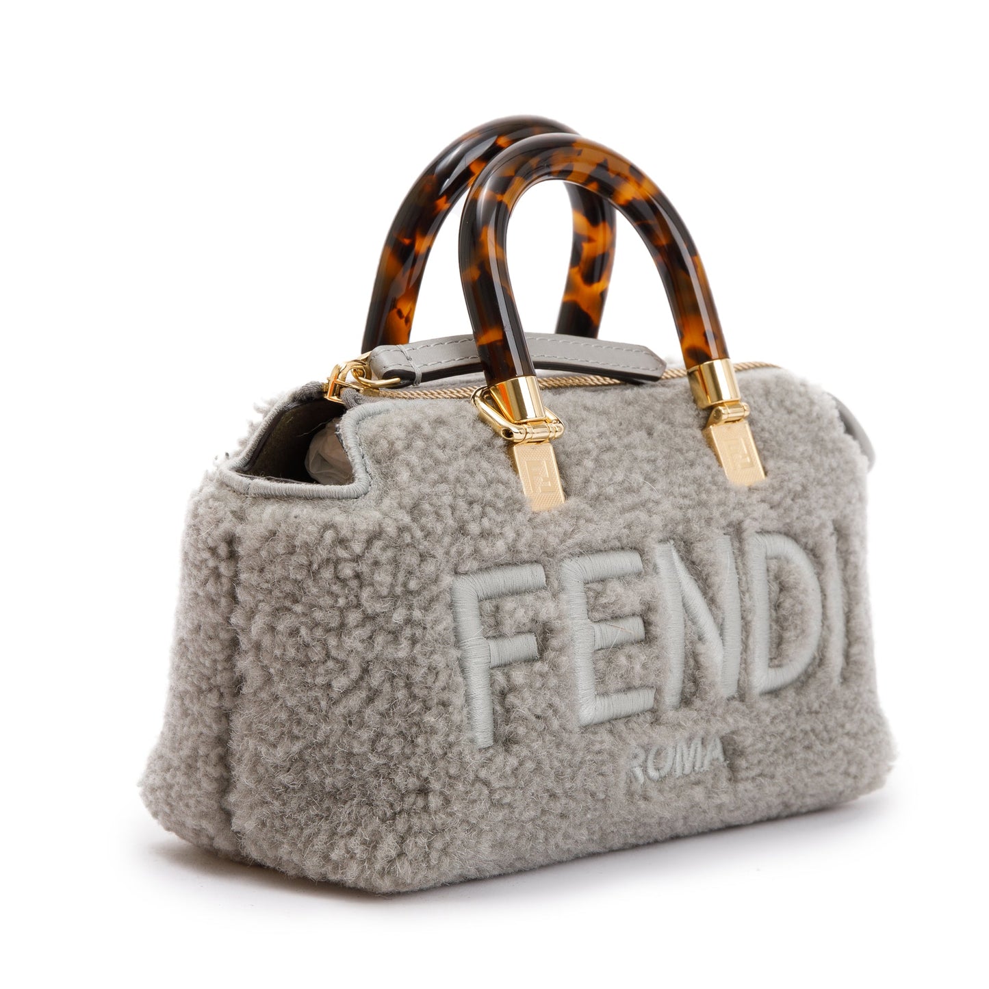 Fendi 2022 Grey Sheepskin Logo  Embroidered By the Way Mini Boston Bag