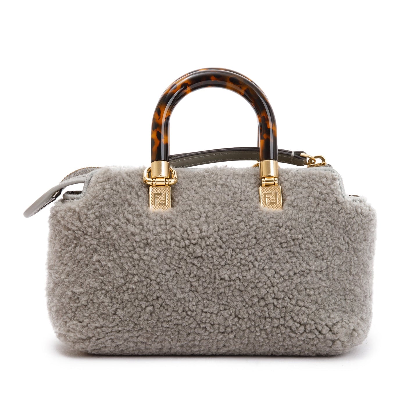 Fendi 2022 Grey Sheepskin Logo  Embroidered By the Way Mini Boston Bag