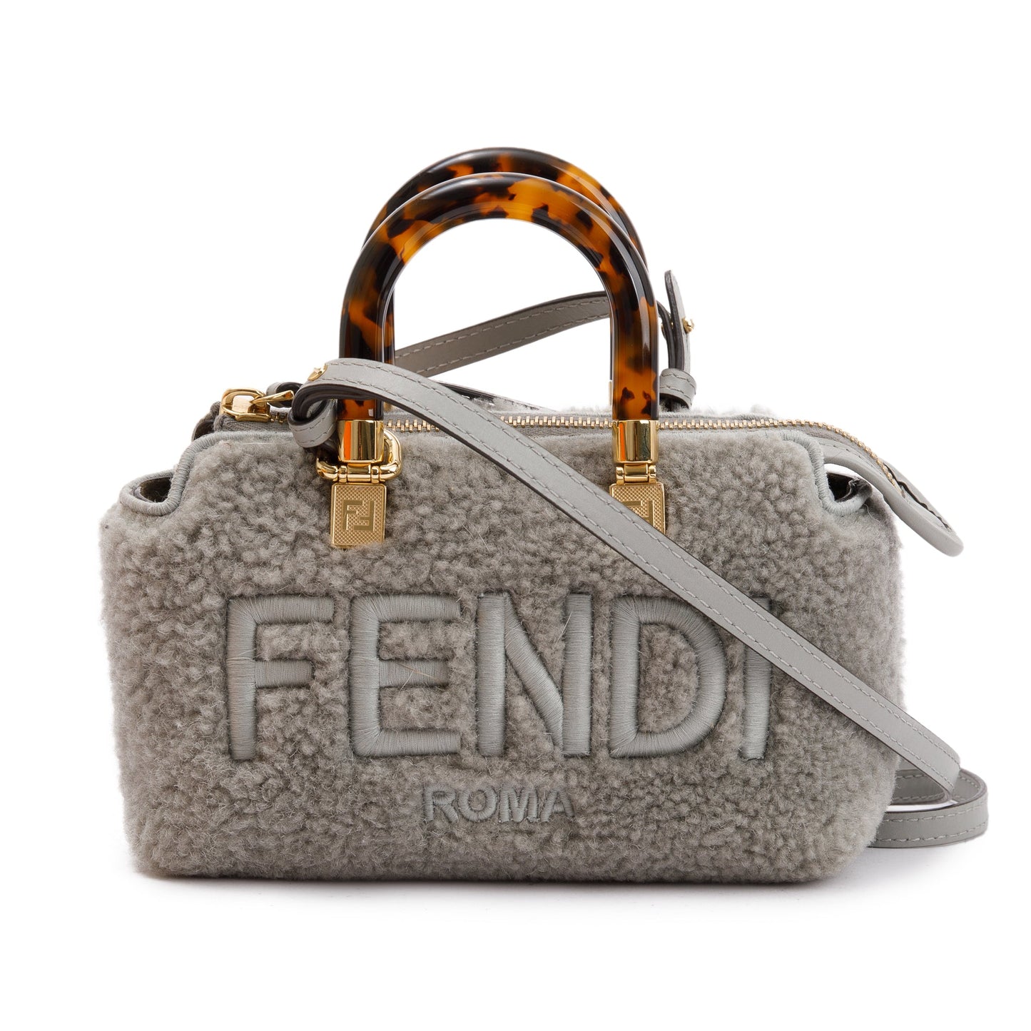 Fendi 2022 Grey Sheepskin Logo  Embroidered By the Way Mini Boston Bag