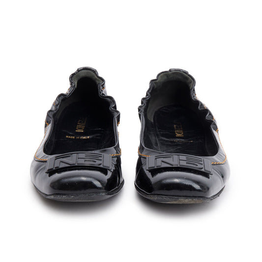 Fendi Black Patent Leather Logo Ballet Flats, Size 37