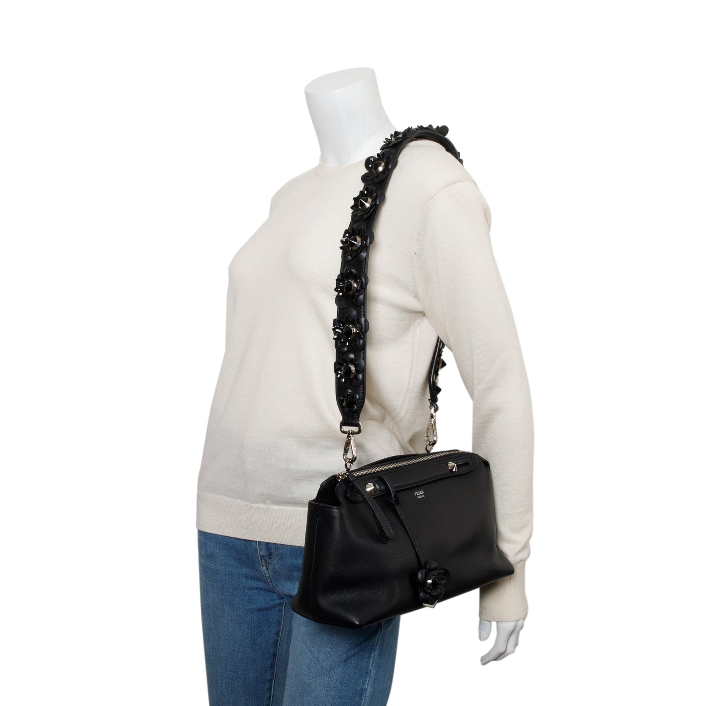 Fendi Black Vitello Dolce Flowerland Small By the Way Boston Bag