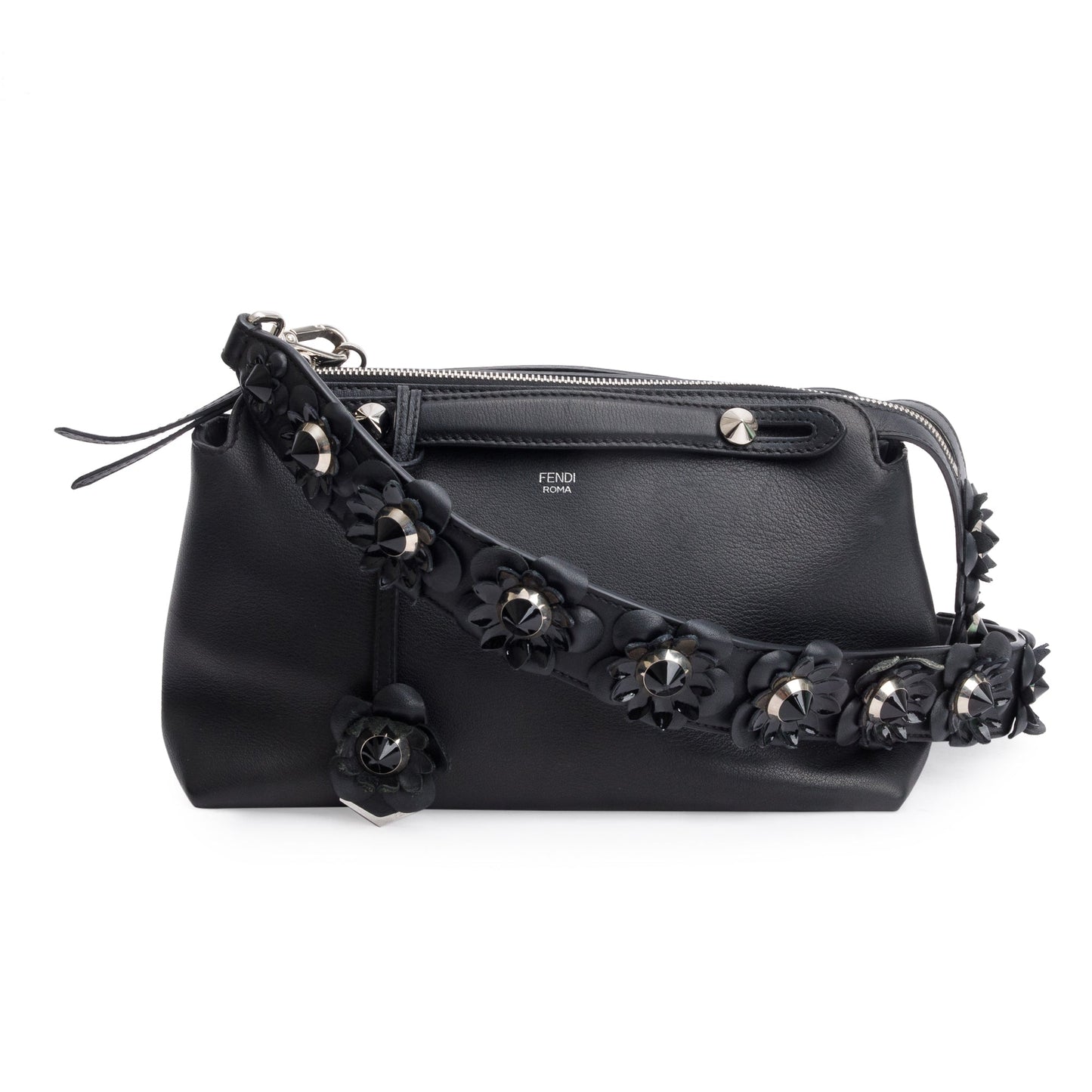 Fendi Black Vitello Dolce Flowerland Small By the Way Boston Bag