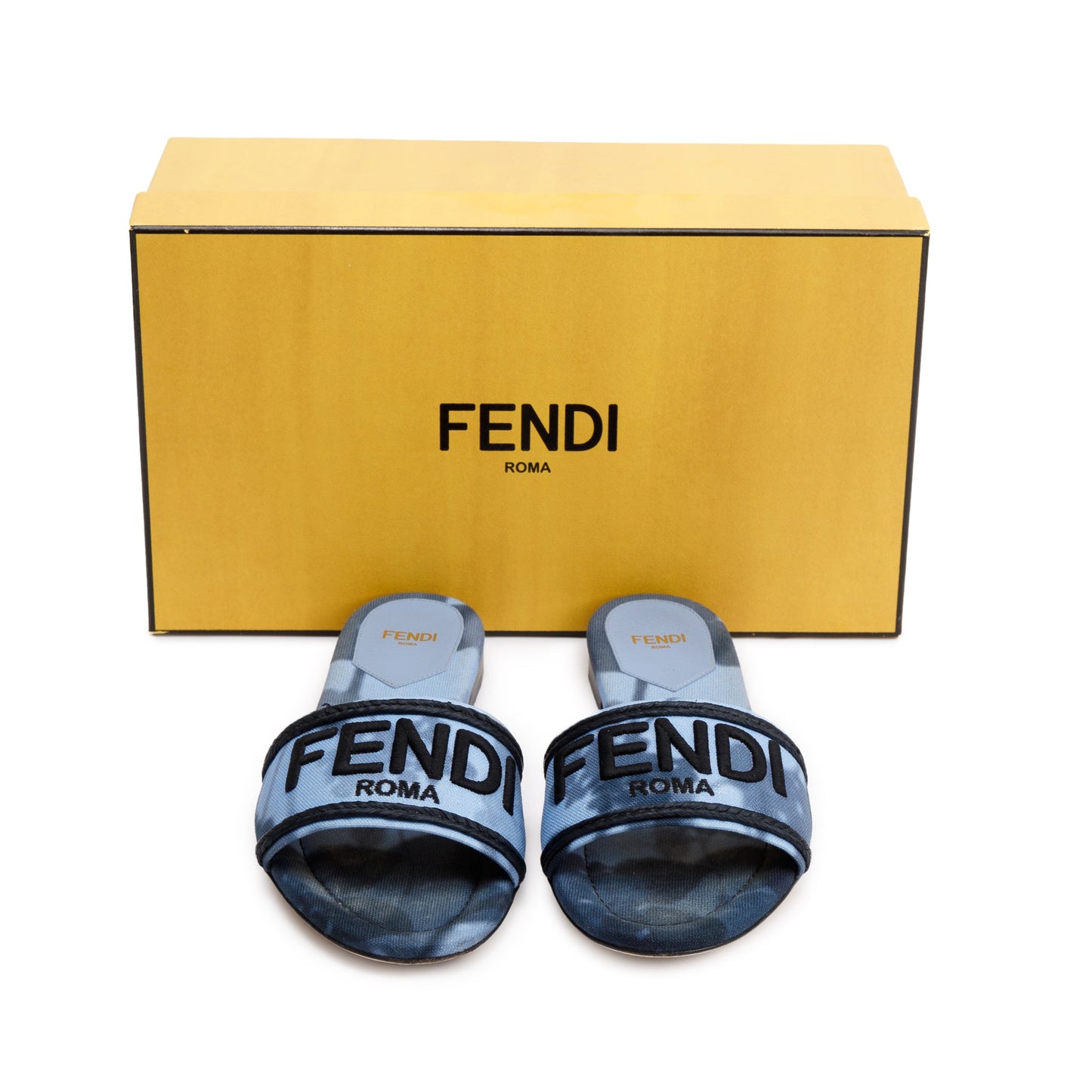Fendi Blue Signature Logo Canvas Fendi Roma Slides, Size 38.5