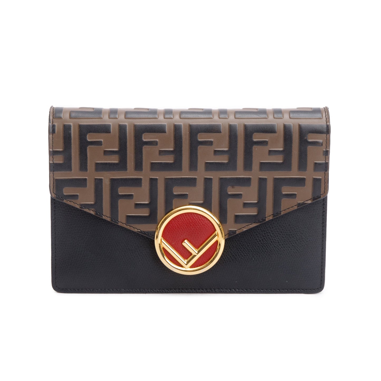 Fendi Brown/Black FF 1974 Embossed Leather F is Fendi Envelope Wallet on Chain