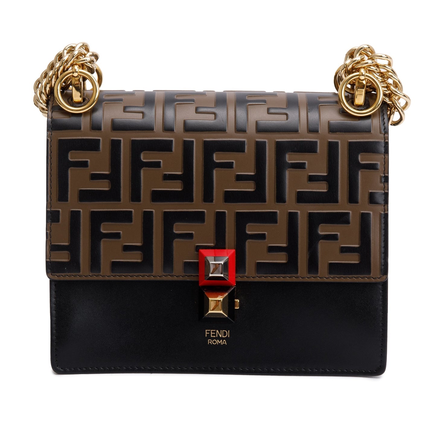 Fendi FF Embossed & Black Calfskin Leather Small Kan I Shoulder Bag