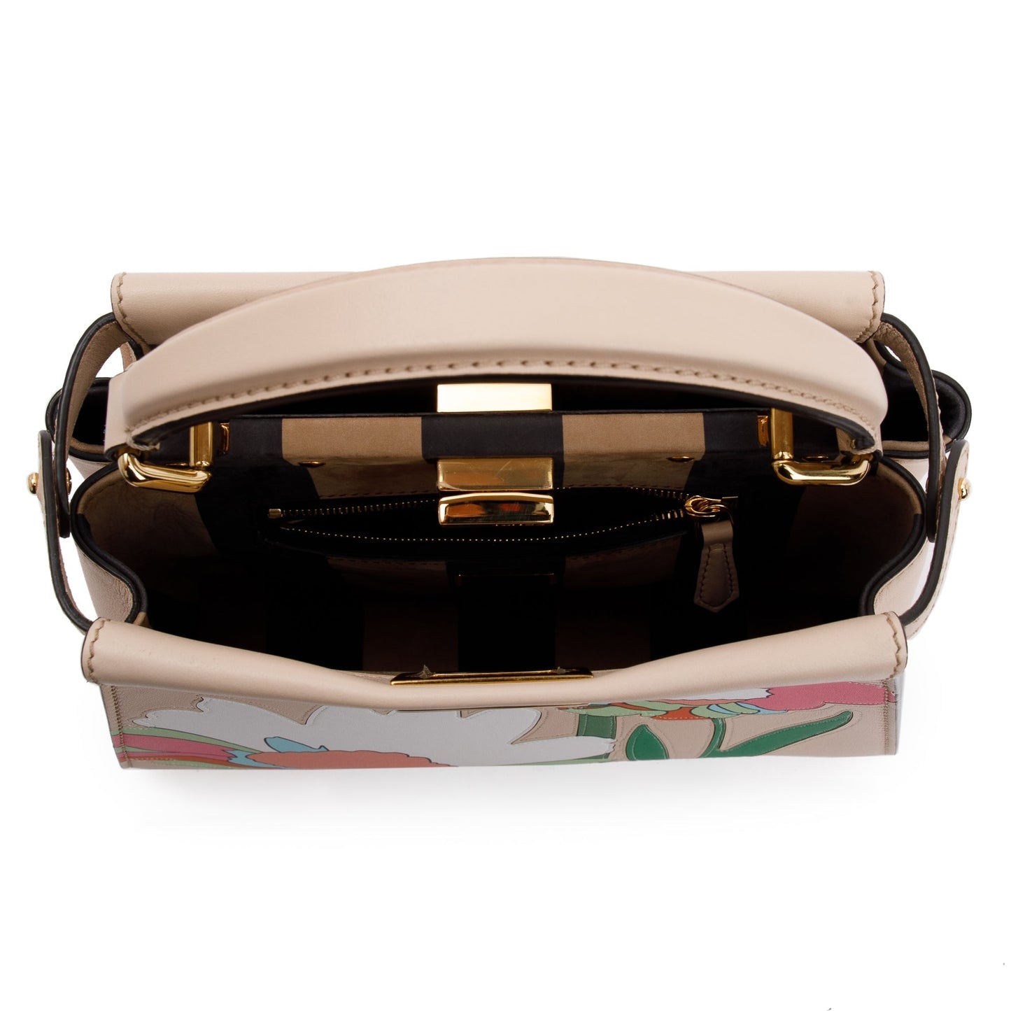 Fendi Neutral Calfskin Leather Floral Inlay Mini Peekaboo Bag