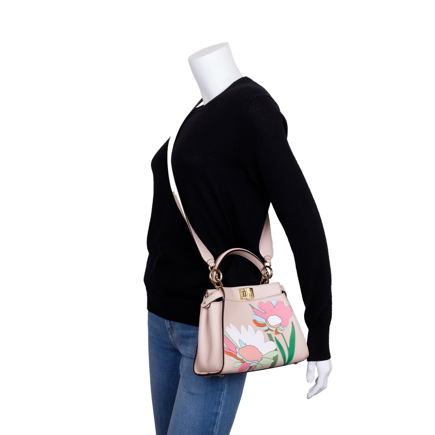 Fendi Neutral Calfskin Leather Floral Inlay Mini Peekaboo Bag