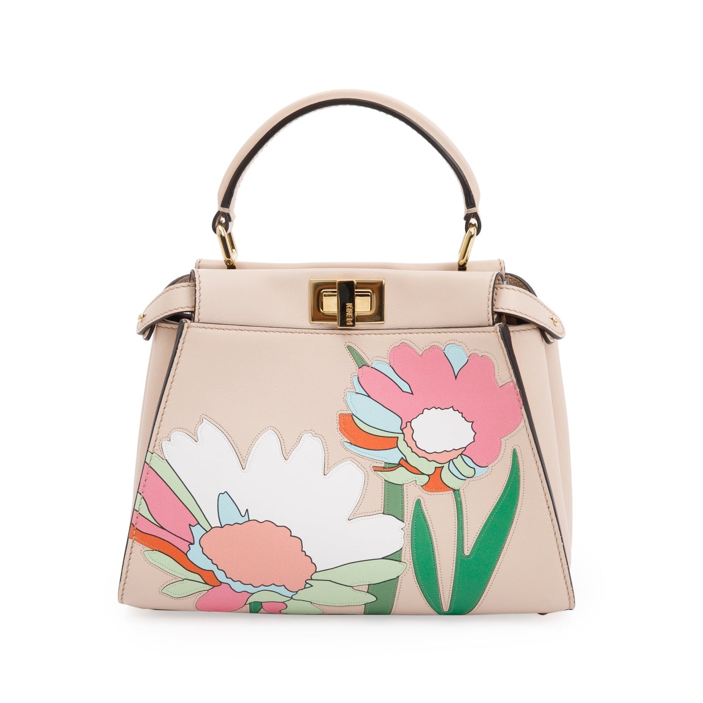 Fendi Neutral Calfskin Leather Floral Inlay Mini Peekaboo Bag
