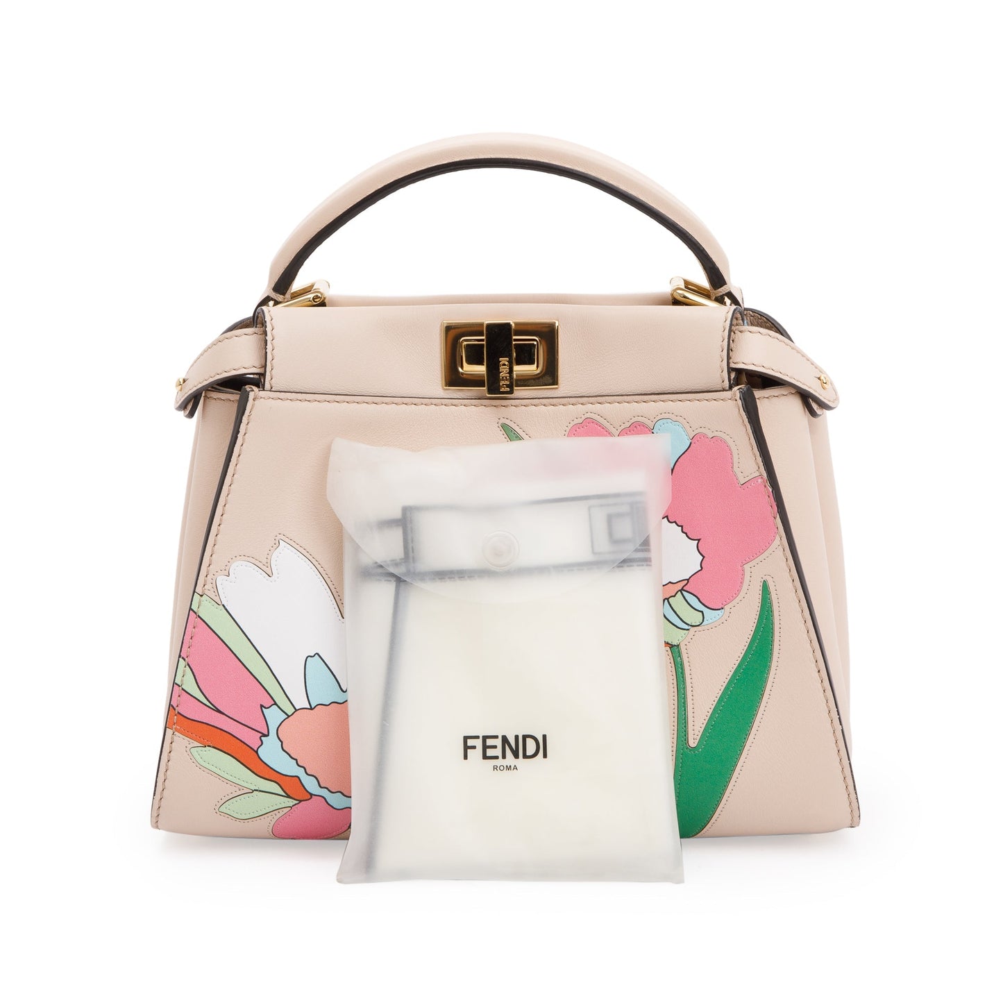 Fendi Neutral Calfskin Leather Floral Inlay Mini Peekaboo Bag