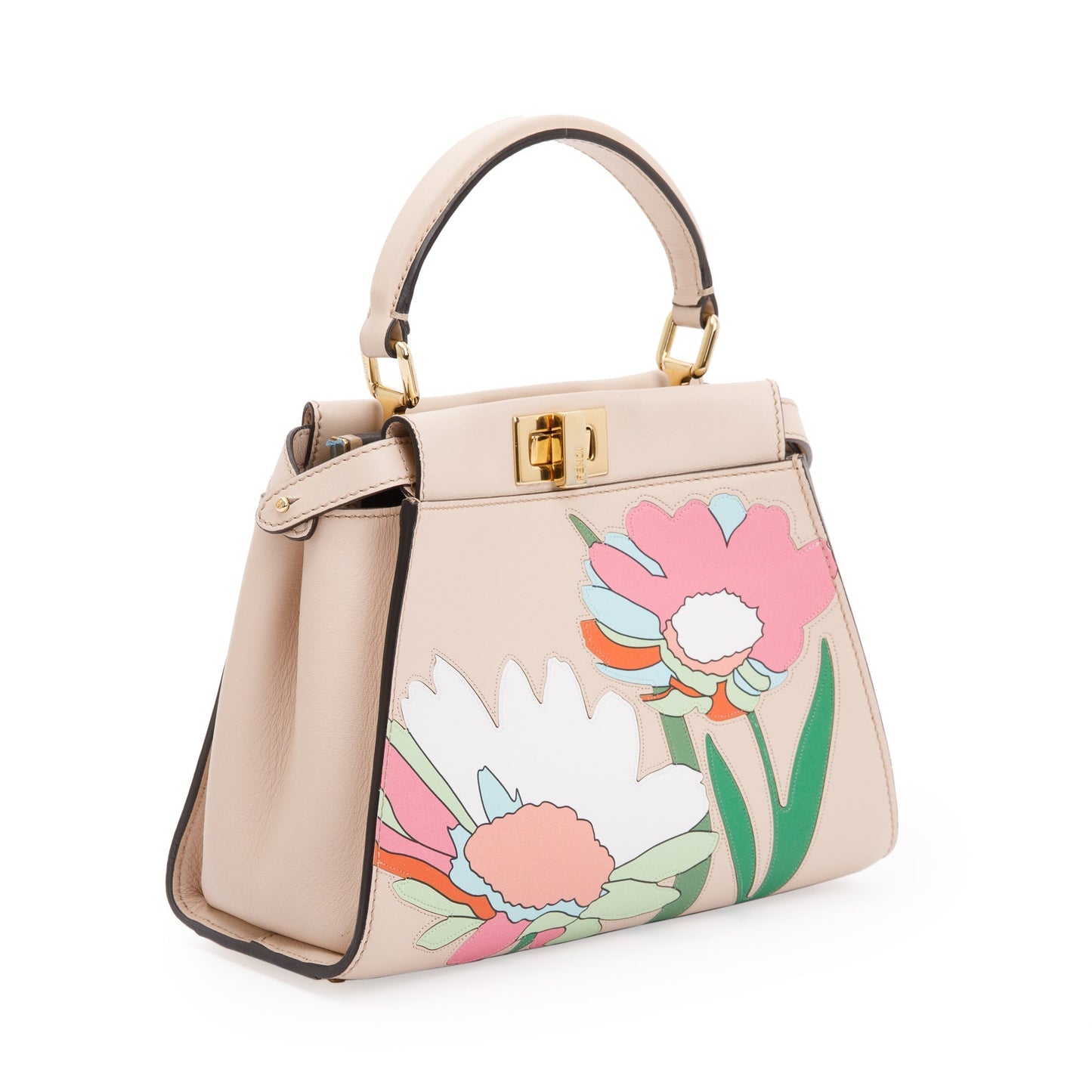 Fendi Neutral Calfskin Leather Floral Inlay Mini Peekaboo Bag