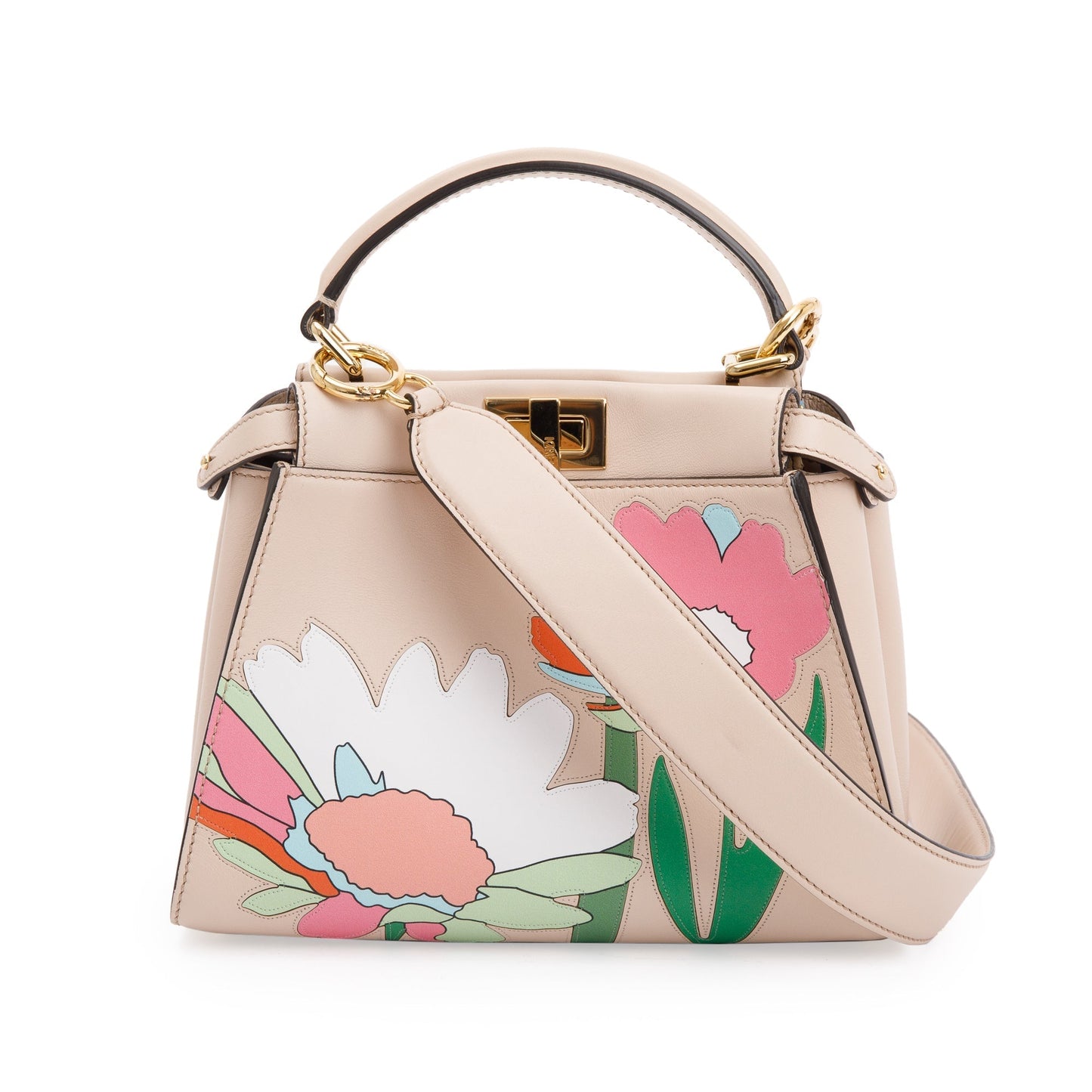 Fendi Neutral Calfskin Leather Floral Inlay Mini Peekaboo Bag