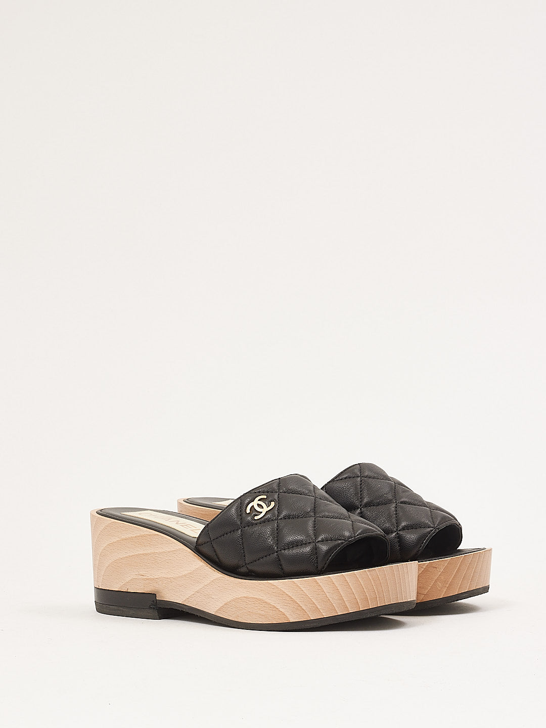 Chanel Black Leather Quilted Mule Slide Wooden Platform - 38