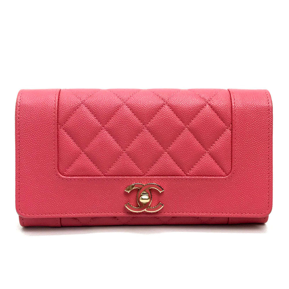 CHANEL Long Wallet Purse A80971 Caviar skin pink CC COCO Mark Matrasse Mademoiselle Women