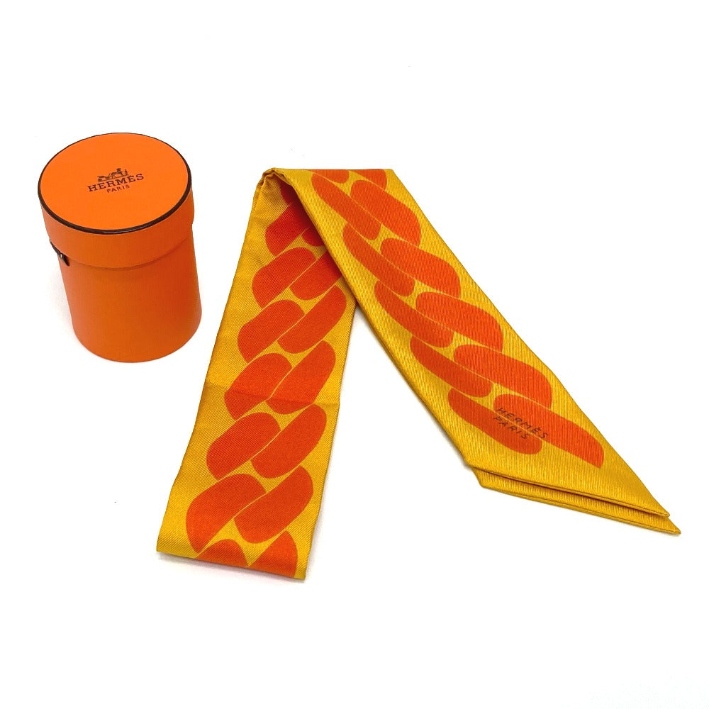 HERMES scarf silk Orange Chain motif Twilly Women  d