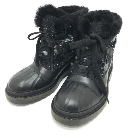 CHANEL boots Leather, Tweed blue COCO Mark short Women 36