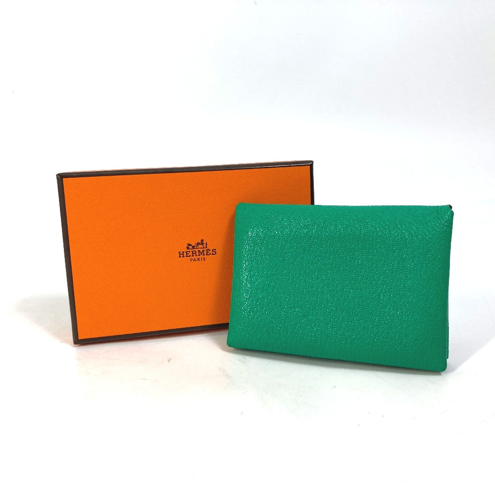 HERMES Card Case Shave green Coin Pocket Coin case Card Case Calvi duo Women  d