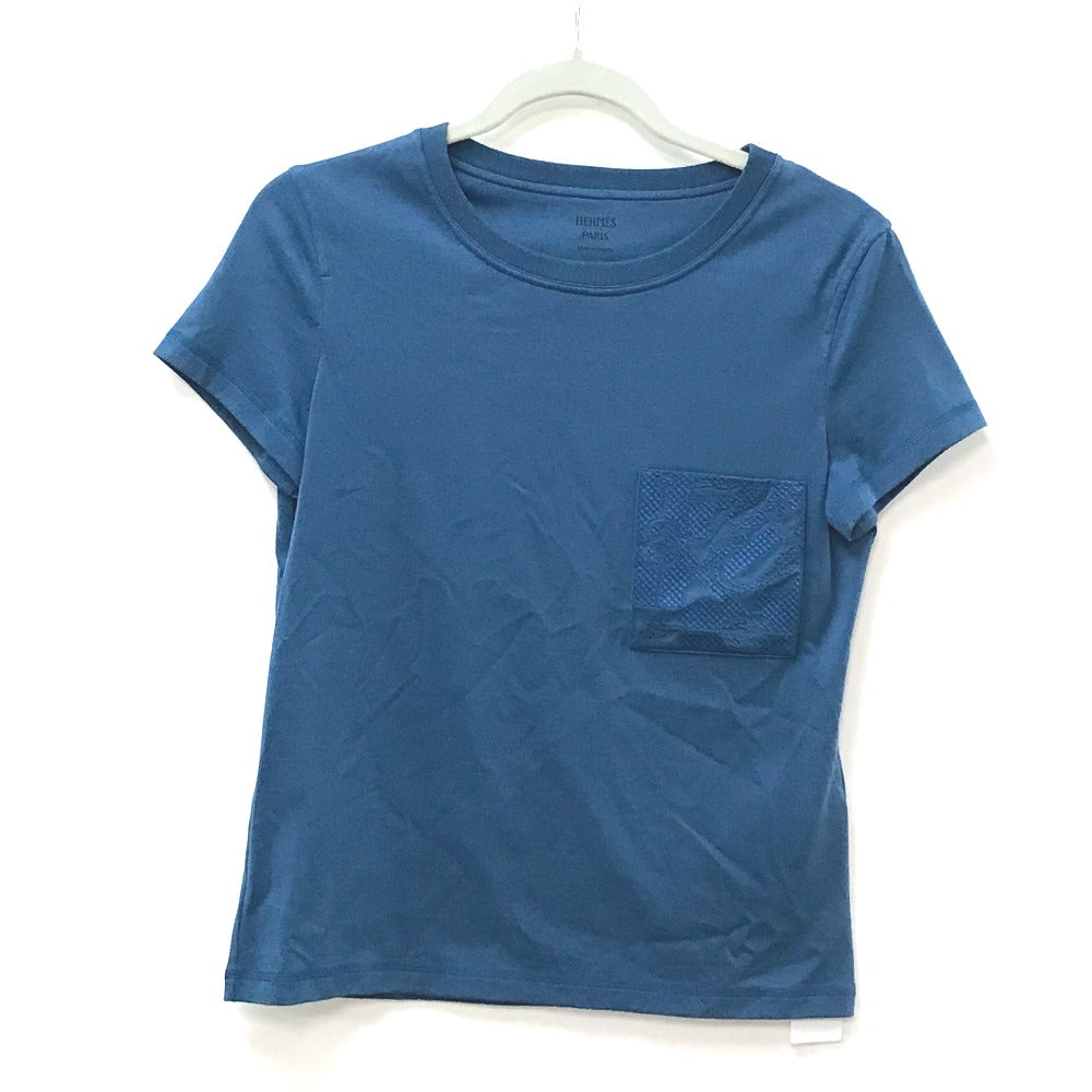HERMES Short sleeve T-shirt cotton blue apparel tops short sleeves embroidered pocket Women 34  d