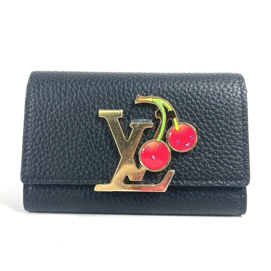 LOUIS VUITTON Trifold wallet M22889 Taurillon Clemence Leather black Takashi Murakami Cherry LV × TM Portefeuille Capucines Compact