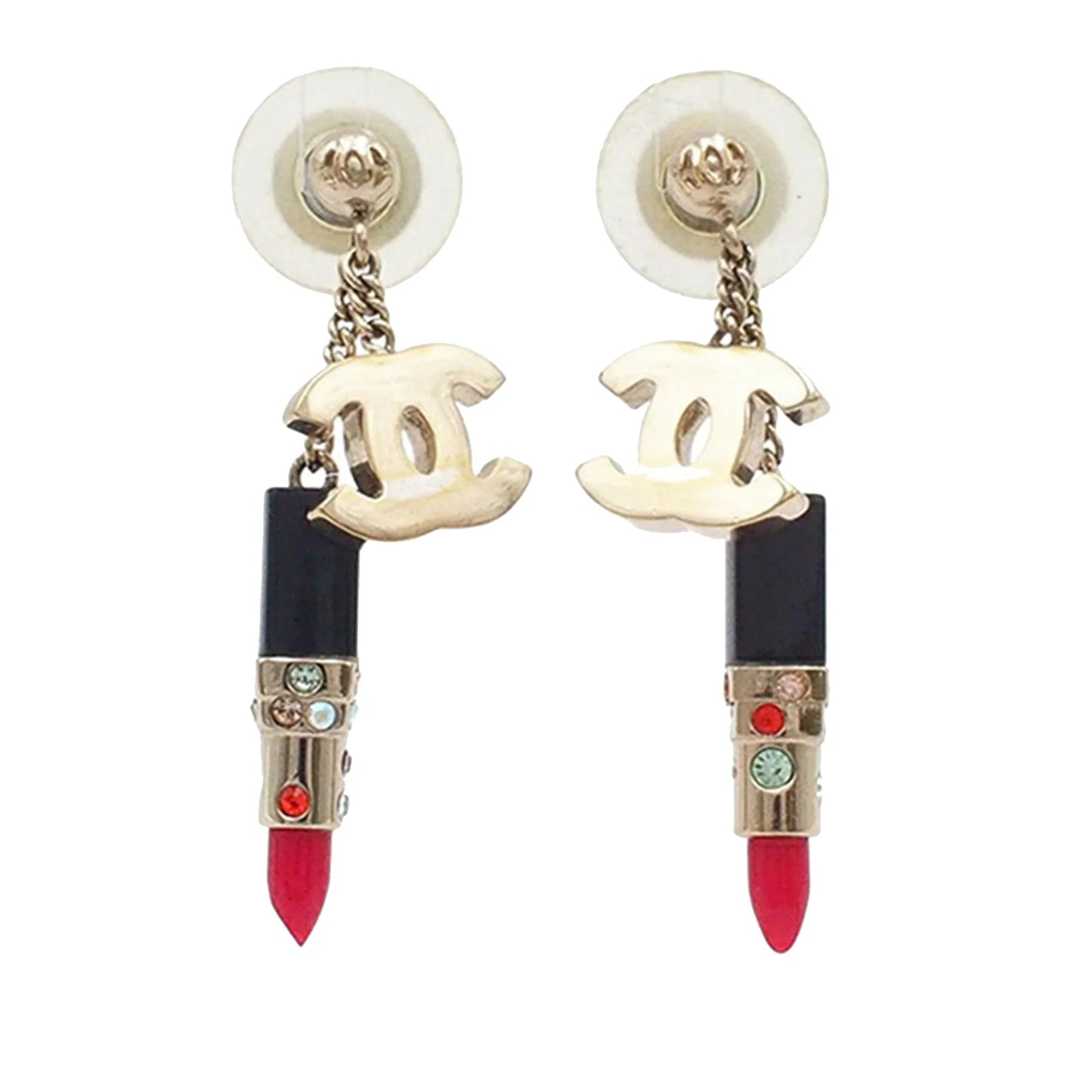 Gold Chanel Gold Plated Resin and Rhinestone CC Lipstick Drop Push Back Earrings