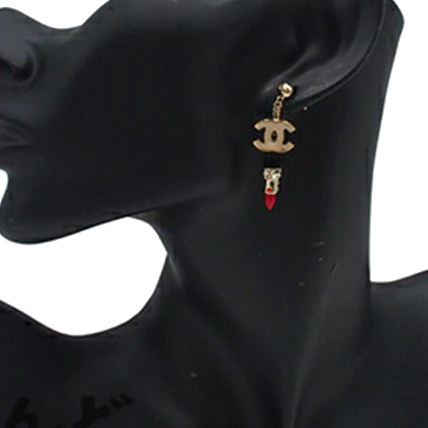 Gold Chanel Gold Plated Resin and Rhinestone CC Lipstick Drop Push Back Earrings