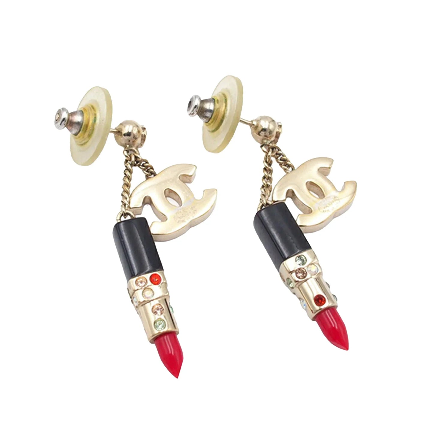 Gold Chanel Gold Plated Resin and Rhinestone CC Lipstick Drop Push Back Earrings