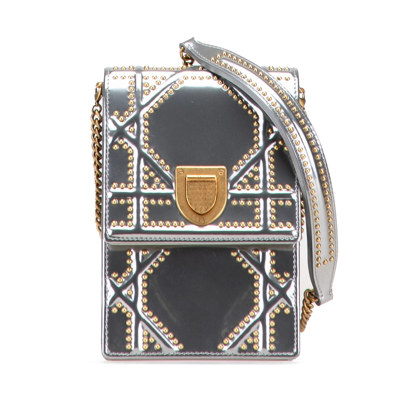Silver Dior Metallic Studded Calfskin Vertical Diorama Crossbody Bag