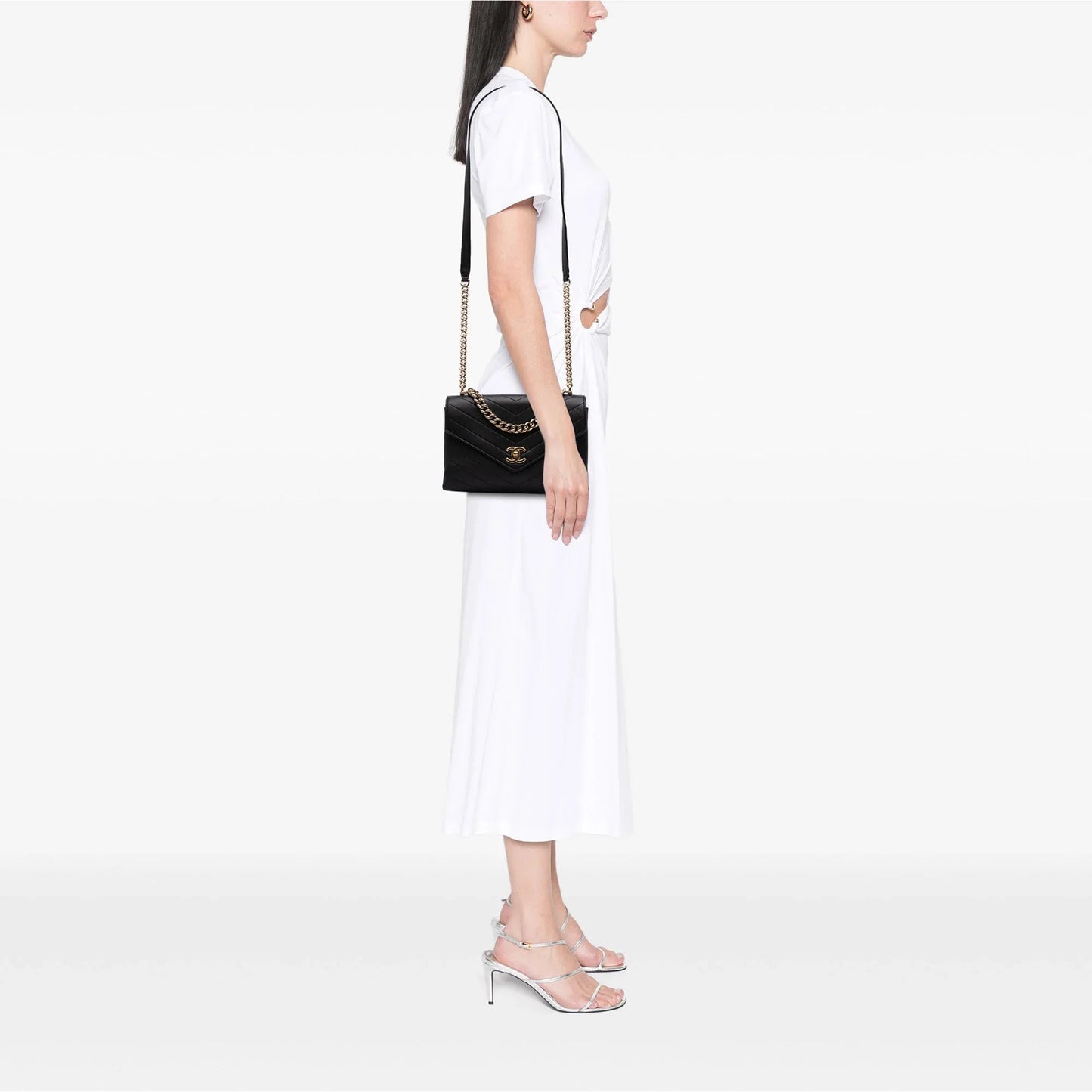 Black Chanel Small Chevron Calfskin Stitched Coco Flap Satchel