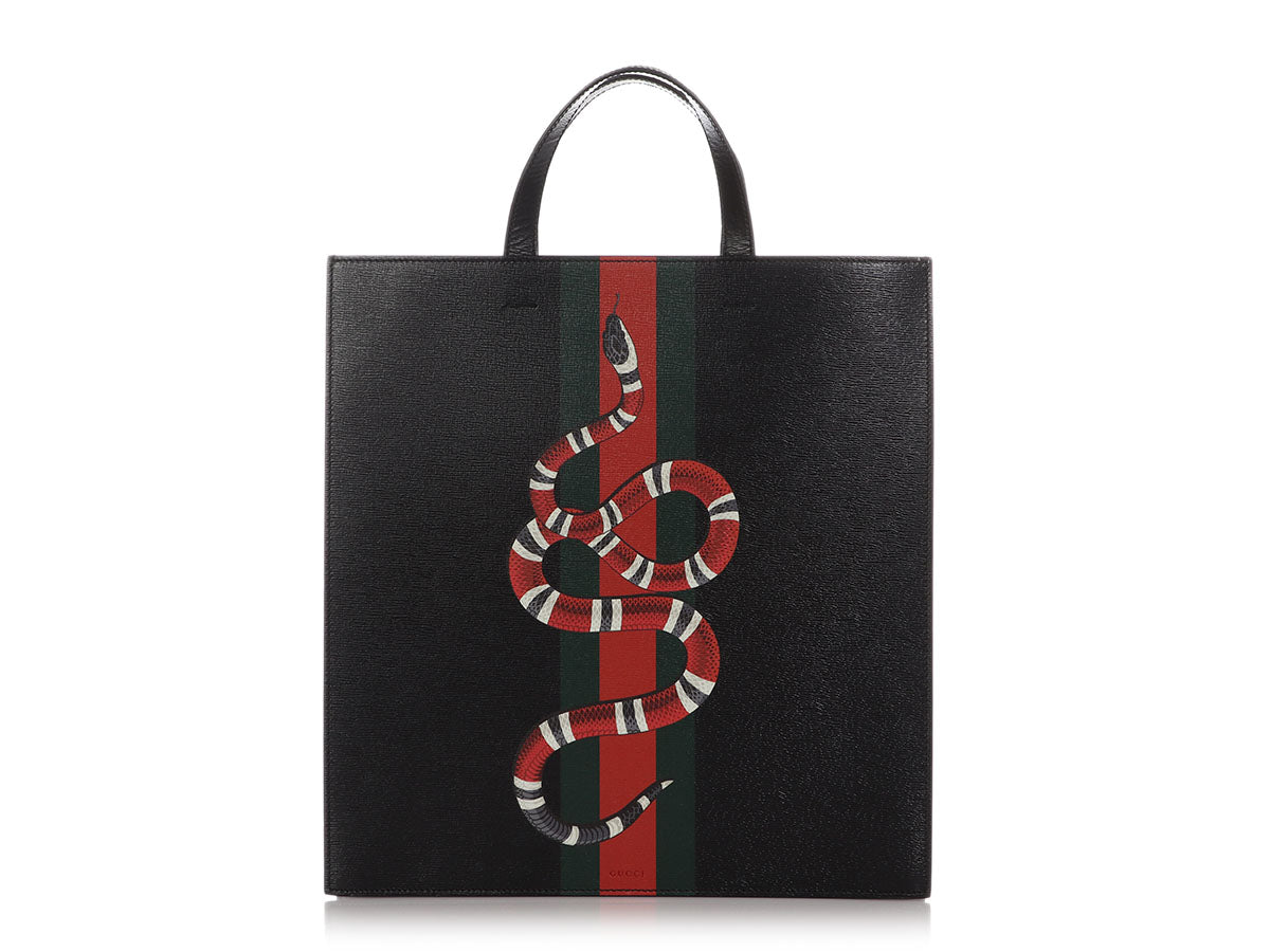 Gucci Black Leather Kingsnake Print Tote