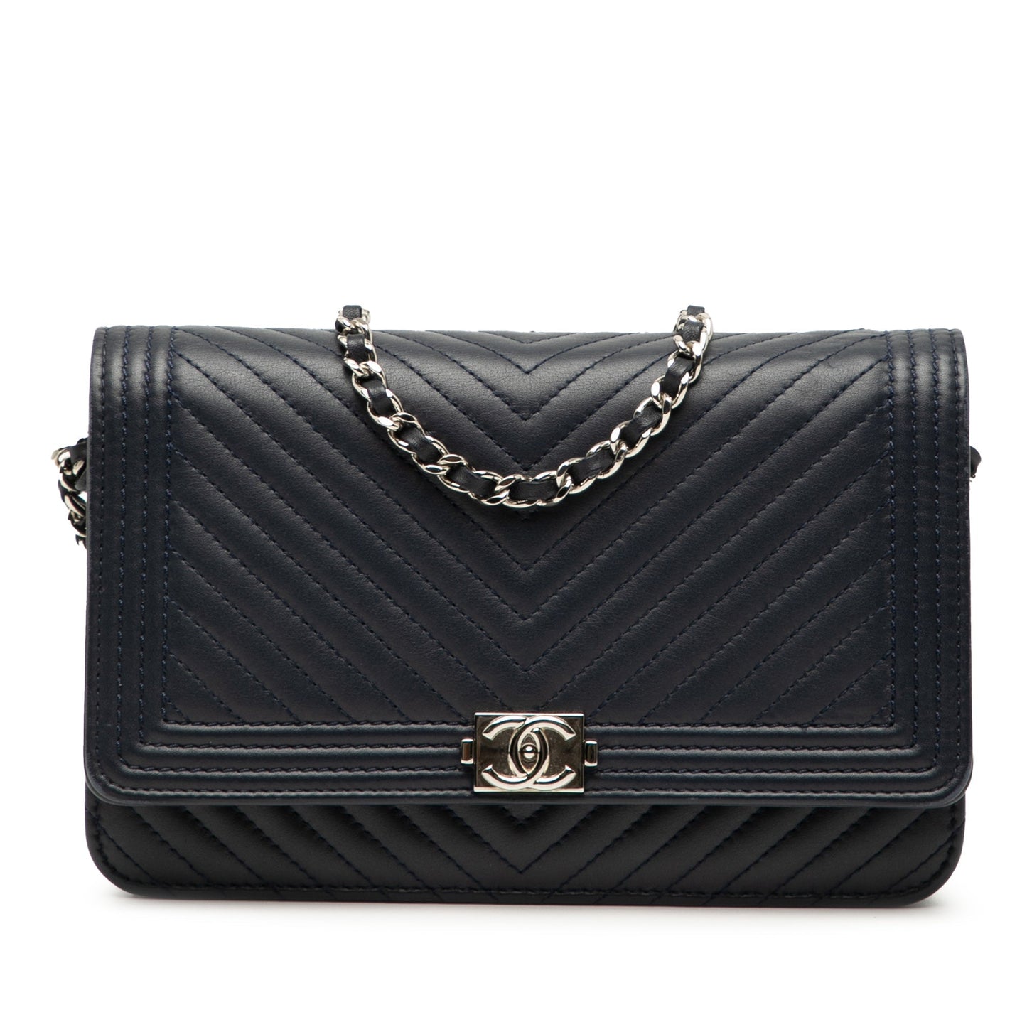 Blue Chanel Chevron Lambskin Boy Wallet on Chain Crossbody Bag