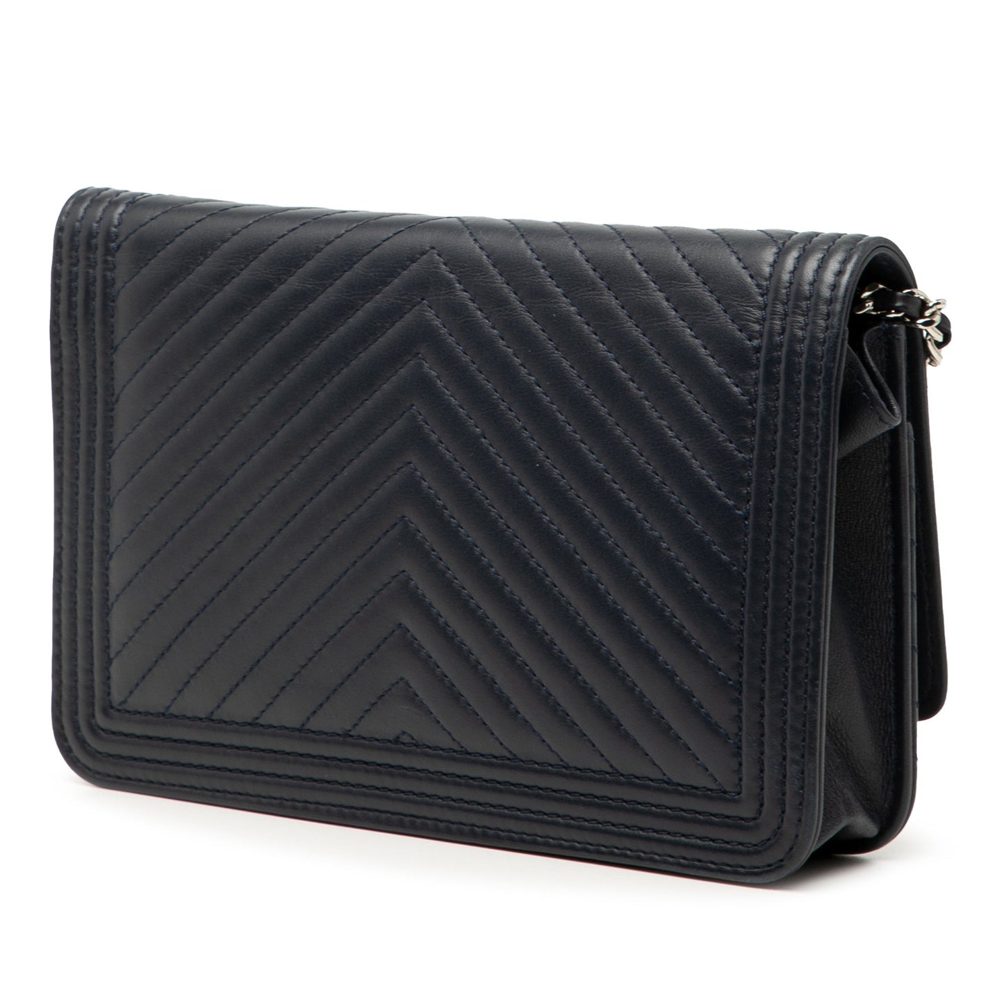 Blue Chanel Chevron Lambskin Boy Wallet on Chain Crossbody Bag