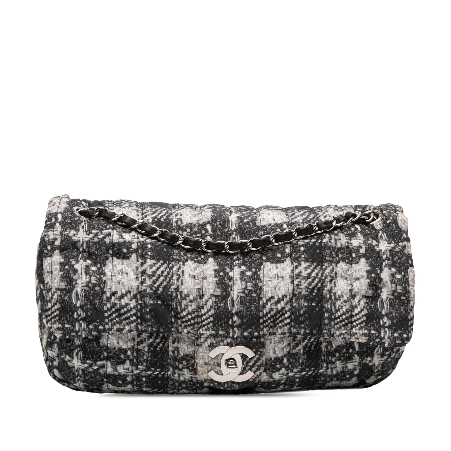 Gray Chanel CC Tweed Print Nylon Single Flap Shoulder Bag