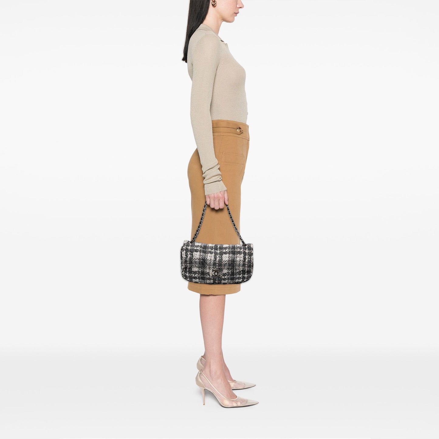 Gray Chanel CC Tweed Print Nylon Single Flap Shoulder Bag