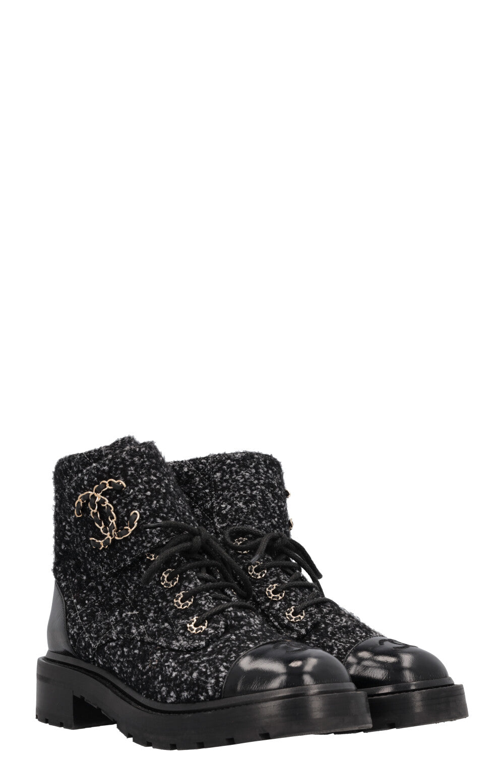 CHANEL CC Lace Up Boots Tweed Grey Black