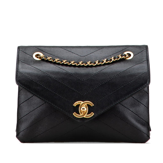 Black Chanel Small Chevron Lambskin Stitched Envelope Flap Shoulder Bag