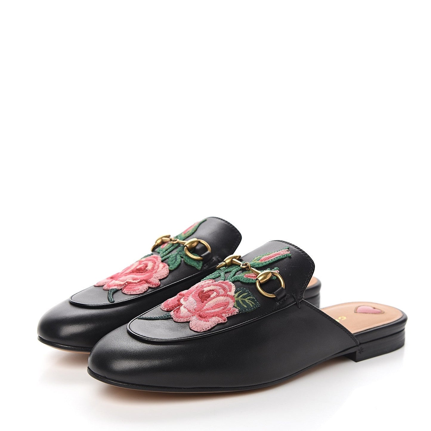 GUCCI FLORAL EMBROIDERED CALFSKIN PRINCETOWN HORSEBIT MULES