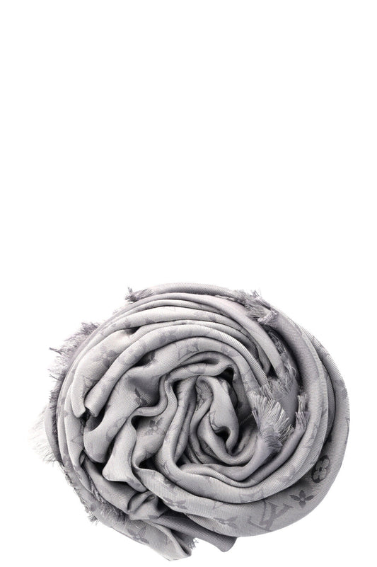 LOUIS VUITTON Fringed MNG Scarf Silver Grey