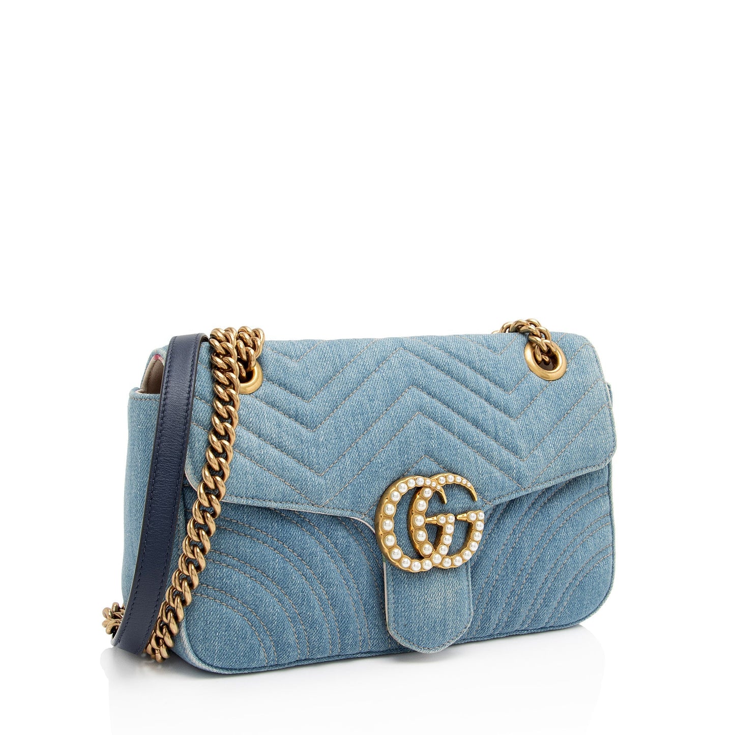 Gucci Denim Matelasse Pearl GG Marmont Small Flap Bag (SHF-JQgdk7)