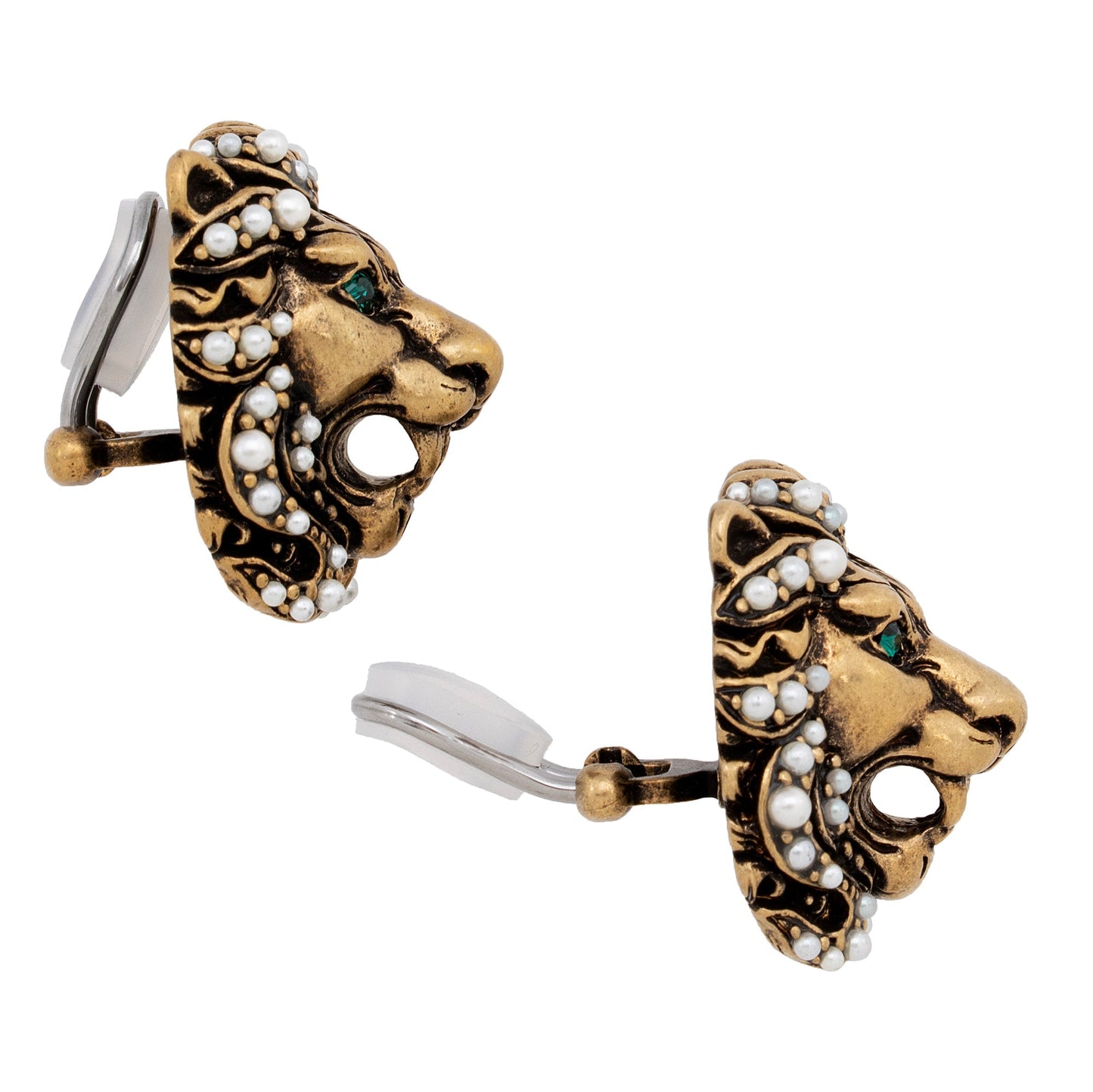 Gucci Faux Pearl Crystal Lion Head Clip On Earrings (SHF-22367)