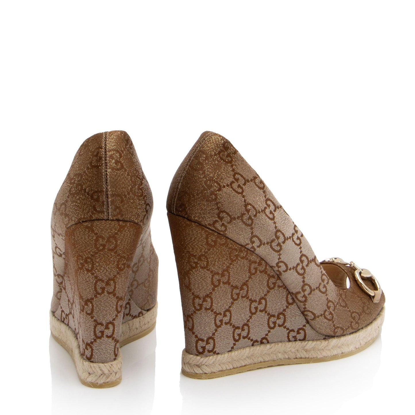Gucci GG Canvas Horsebit Peep Toe Wedges - Size 9 / 39 (SHF-EyPaa5)