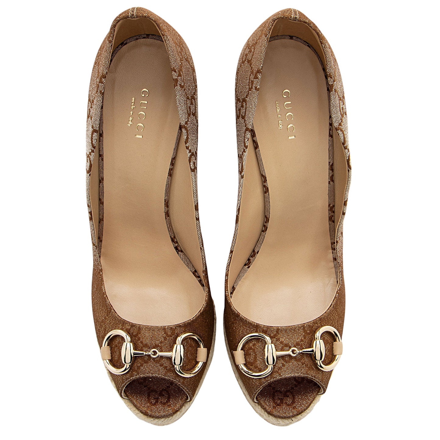 Gucci GG Canvas Horsebit Peep Toe Wedges - Size 9 / 39 (SHF-EyPaa5)